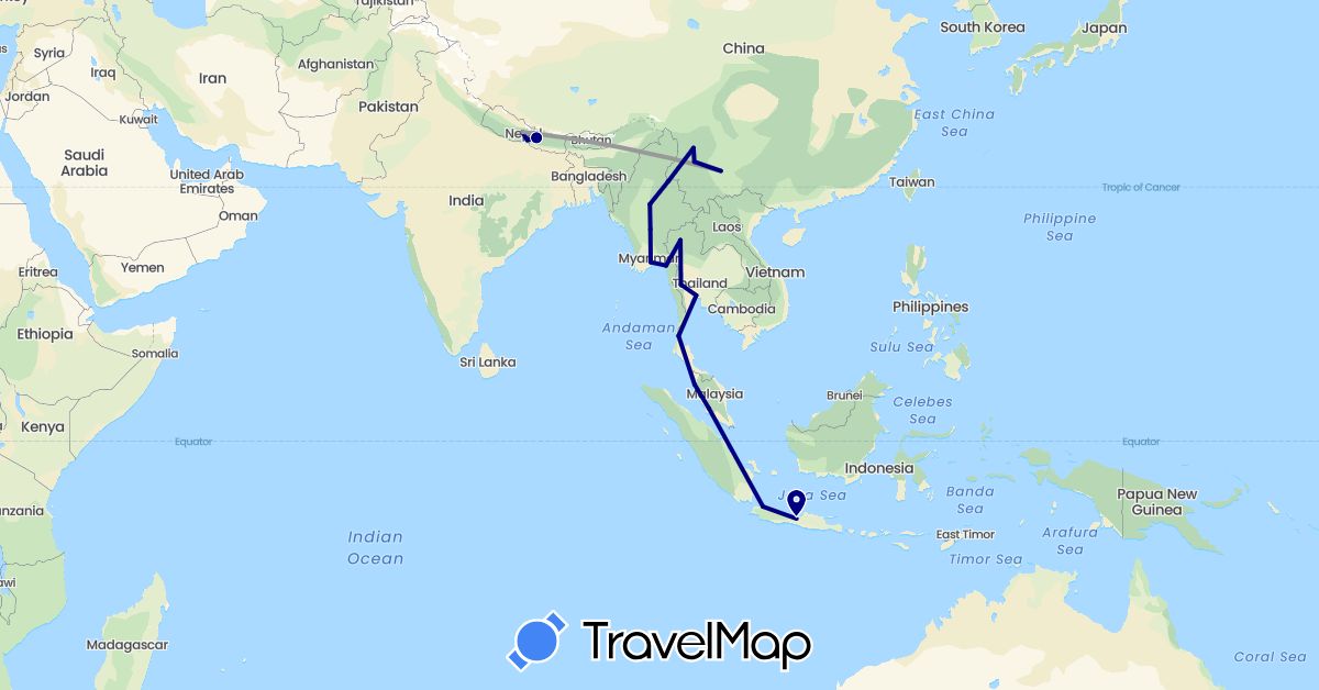 TravelMap itinerary: driving, plane in China, Indonesia, Myanmar (Burma), Malaysia, Nepal, Thailand (Asia)
